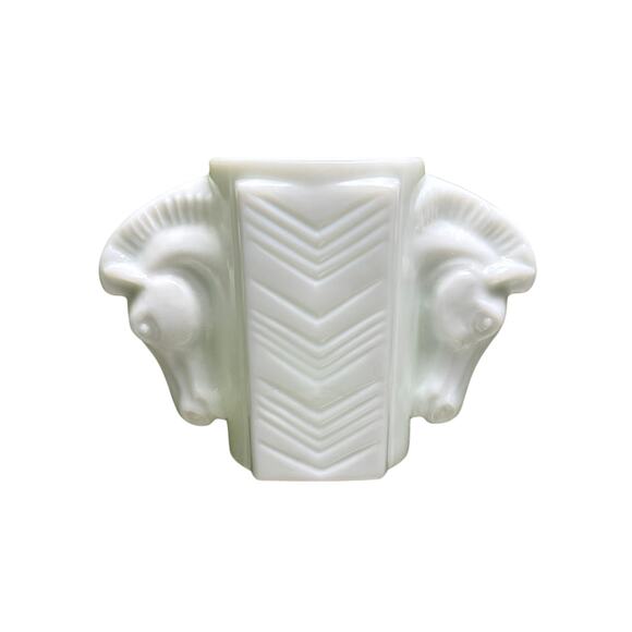 Macbeth-Evans Vintage Custard Milk Glass Horse Vase Cup Holder Blue Hue - Picture 1 of 9